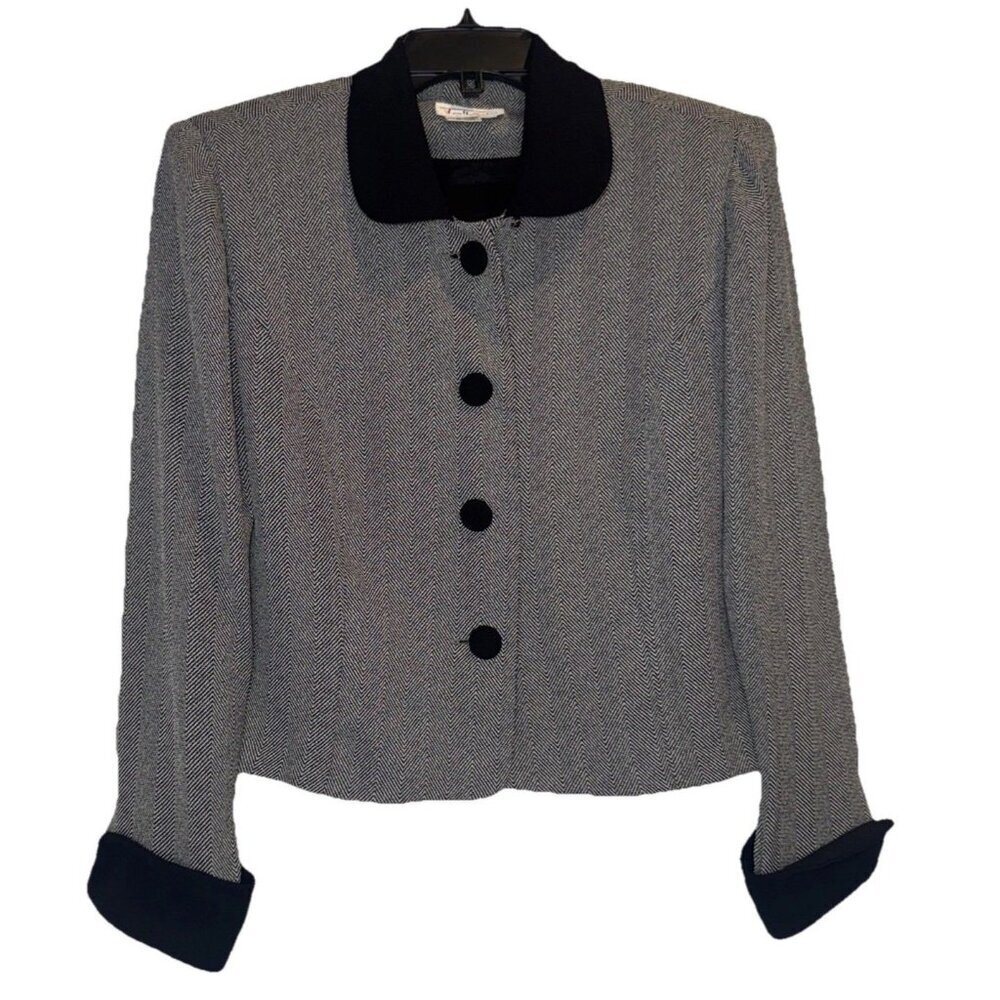 VTG Talbots Womens‎ Black White Button Up Blazer Jacket Sz 10 Quiet Luxury